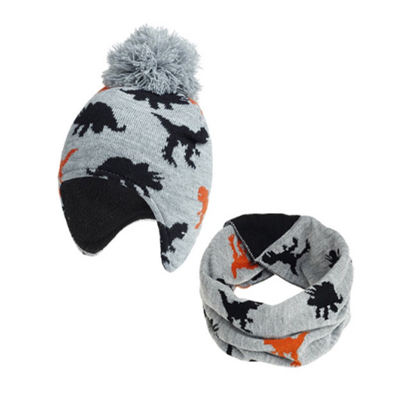 Source factory  e-commerce childrens baby scarf 2-piece set dinosaur ear protection plus velvet hat scarfLight gray M 1-3 years old Light gray M 1-3 years old 