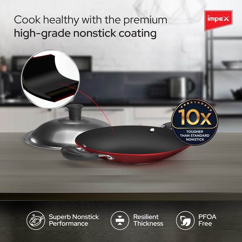 Impex Impex Premium Nonstick Aluminium Appachatty 20 cm, 3 Layer Cookware, High Grade Non Stick Coating Appam Maker, 1 Year Warranty (Maroon) - Image 3