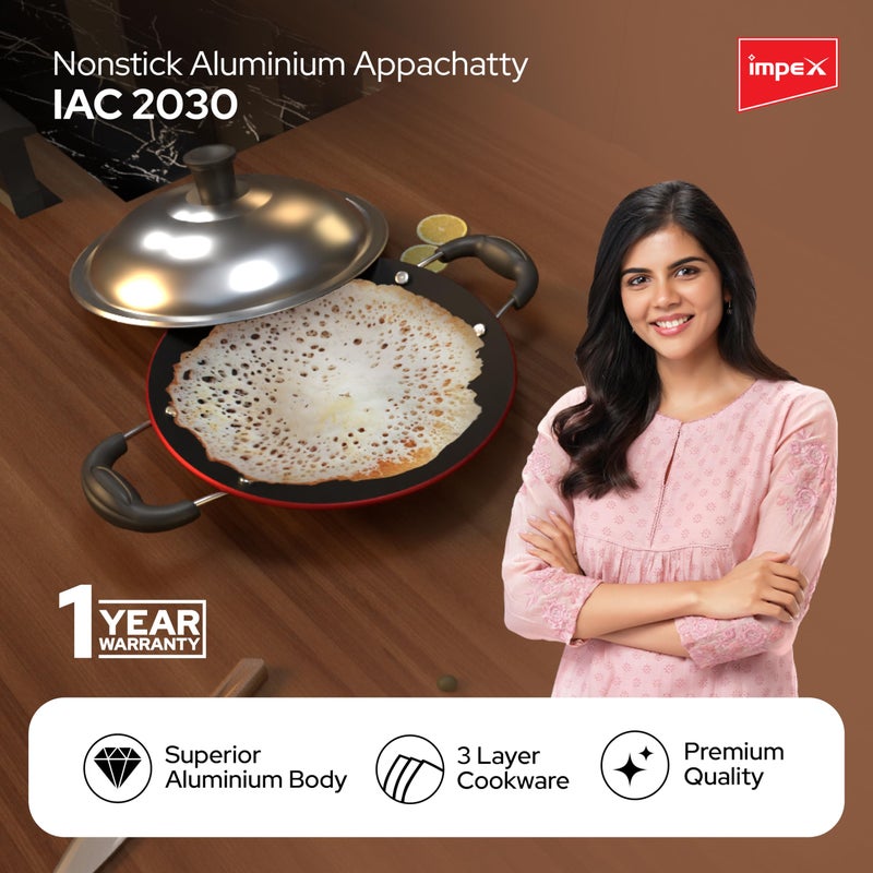 Impex Impex Premium Nonstick Aluminium Appachatty 20 cm, 3 Layer Cookware, High Grade Non Stick Coating Appam Maker, 1 Year Warranty (Maroon) - Image 2