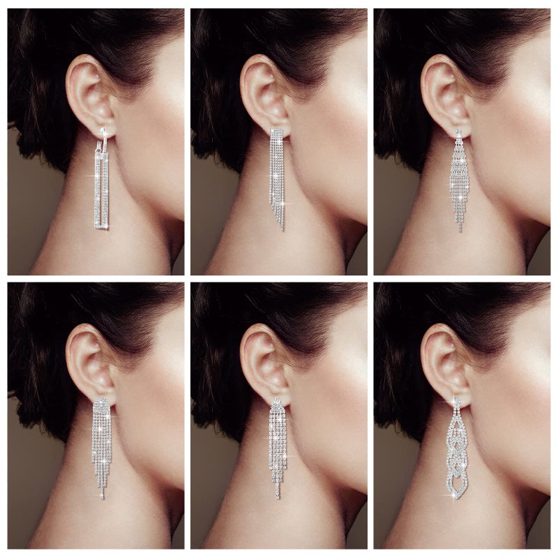 Sureio 6 Pairs Silver Chandelier Earrings for Women Long Rhinestone Dangle Earrings Boho Tassel Drop Dangle Crystal Prom Party Jewelry Sparkling Rhinestone Ladies Gifts - Image 2