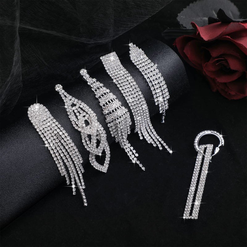 Sureio 6 Pairs Silver Chandelier Earrings for Women Long Rhinestone Dangle Earrings Boho Tassel Drop Dangle Crystal Prom Party Jewelry Sparkling Rhinestone Ladies Gifts - Image 3