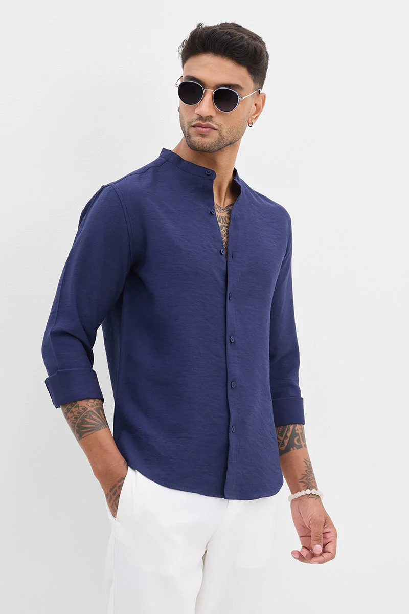 SNITCH Navy Textured Long Sleeve Slim Fit Casual Shirt