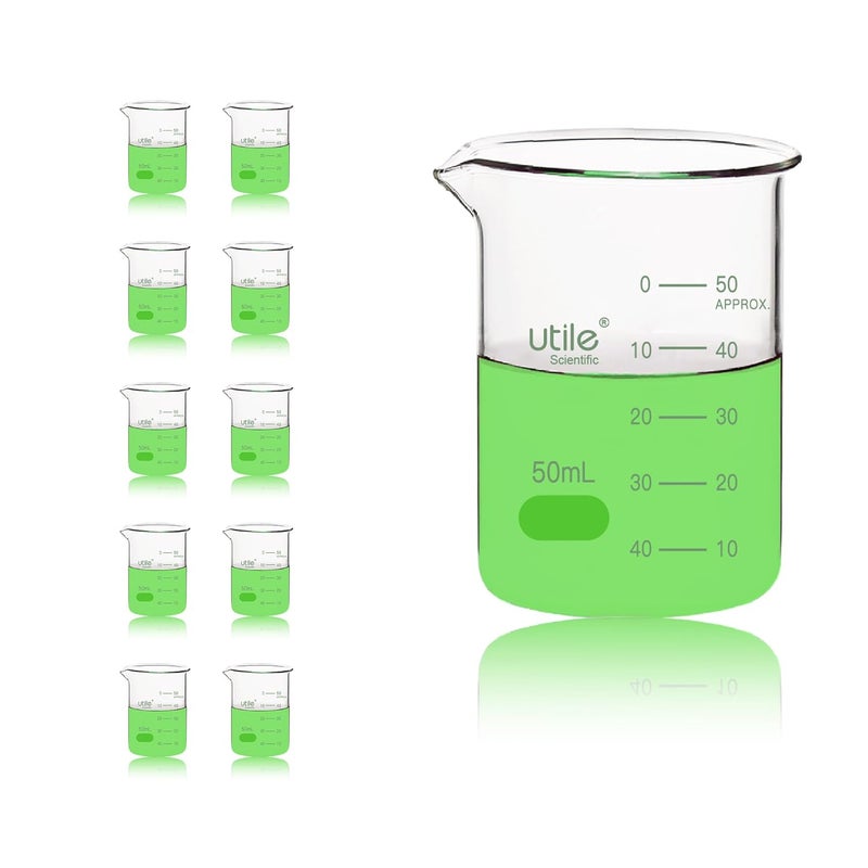 UTILE 50ml Beaker Shot Glasses, Low Form Glass Beaker Set, 10pcs of 1.7oz(50ml) Borosilicate 3.3 Glass Chemical Beakers with Double Scale Printed Graduation, 4000.0050.10 - Image 1