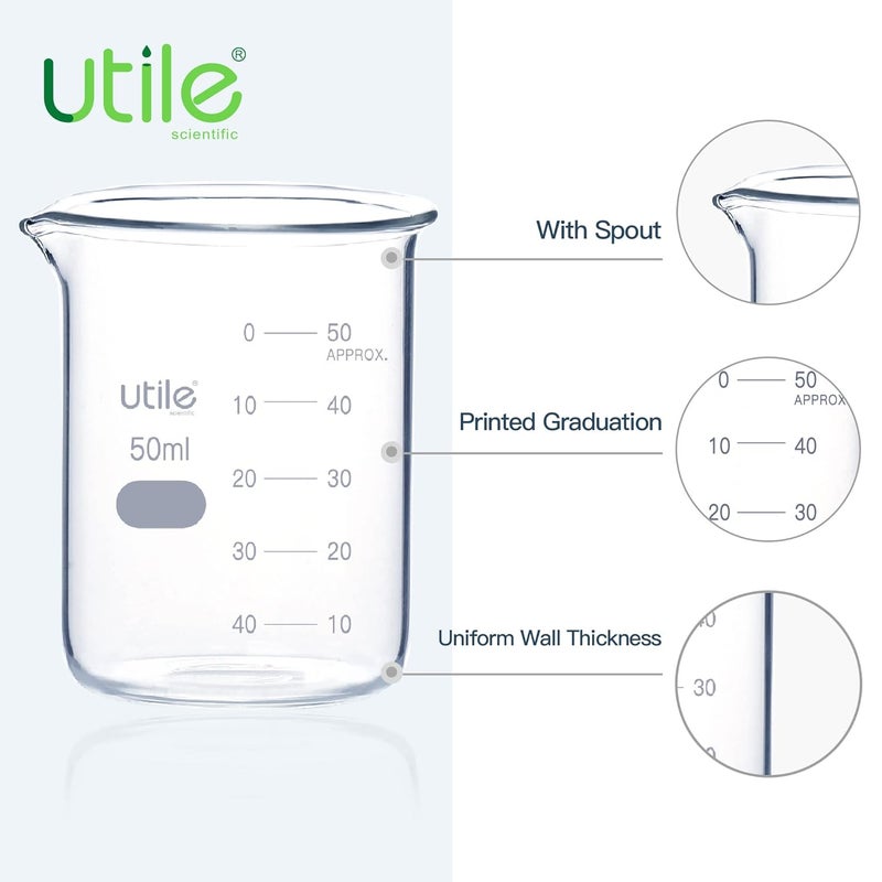 UTILE 50ml Beaker Shot Glasses, Low Form Glass Beaker Set, 10pcs of 1.7oz(50ml) Borosilicate 3.3 Glass Chemical Beakers with Double Scale Printed Graduation, 4000.0050.10 - Image 4