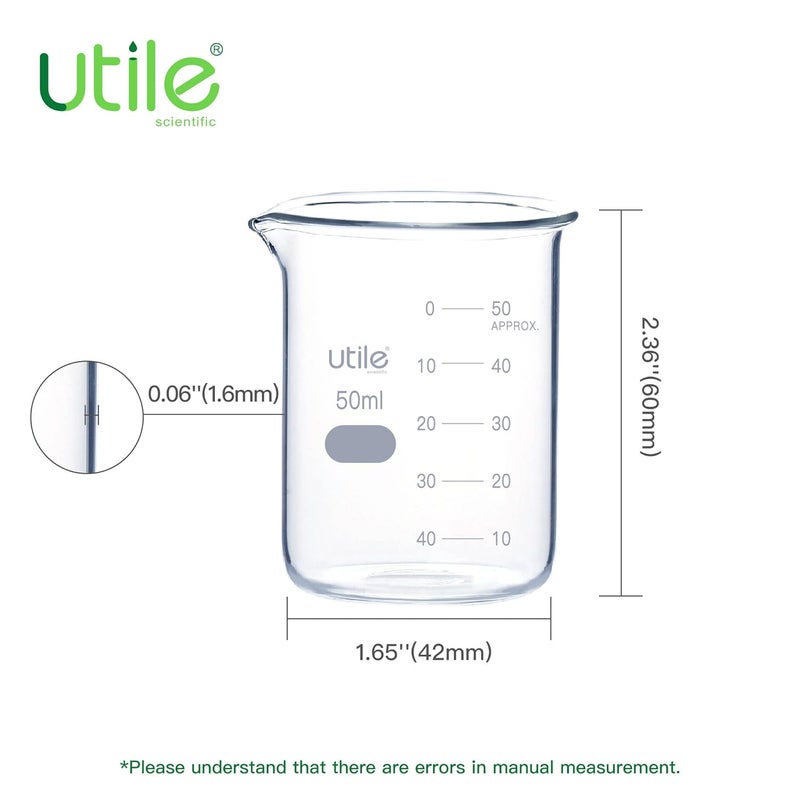 UTILE 50ml Beaker Shot Glasses, Low Form Glass Beaker Set, 10pcs of 1.7oz(50ml) Borosilicate 3.3 Glass Chemical Beakers with Double Scale Printed Graduation, 4000.0050.10 - Image 5