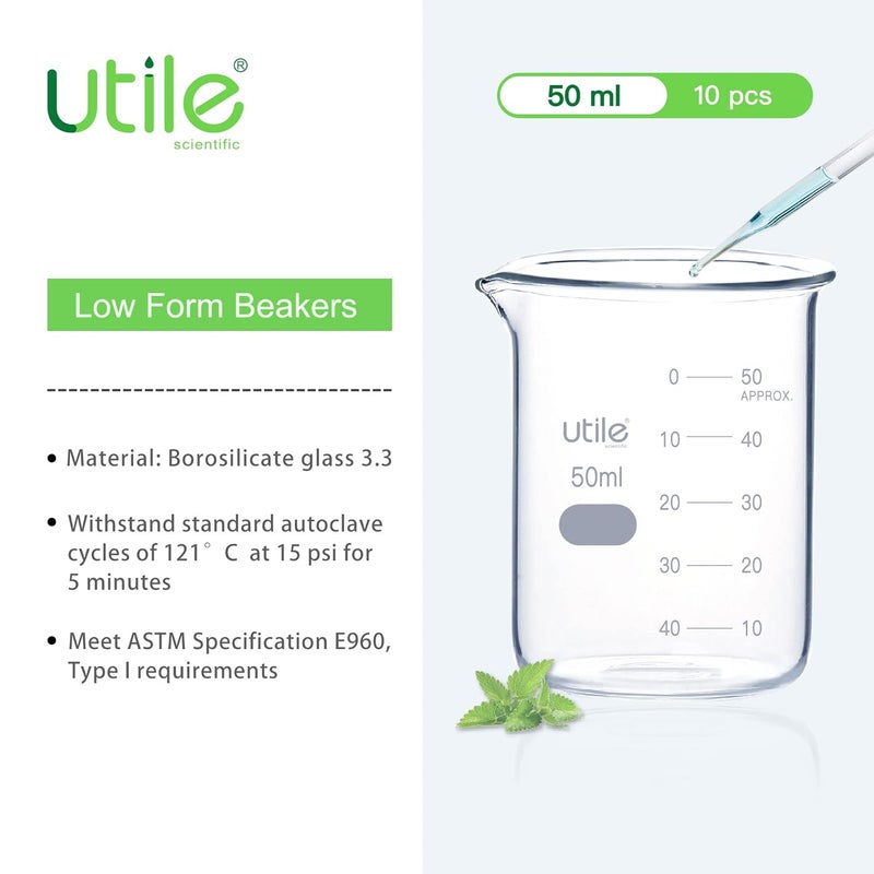 UTILE 50ml Beaker Shot Glasses, Low Form Glass Beaker Set, 10pcs of 1.7oz(50ml) Borosilicate 3.3 Glass Chemical Beakers with Double Scale Printed Graduation, 4000.0050.10 - Image 3