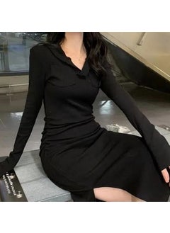 Generic Womens Autumn Slimming Hooded Long Dress Slim Fit Curve Smoothing Mujer Largo Vestido Con Abertura Lateral Y Fondo Black  - Image 1