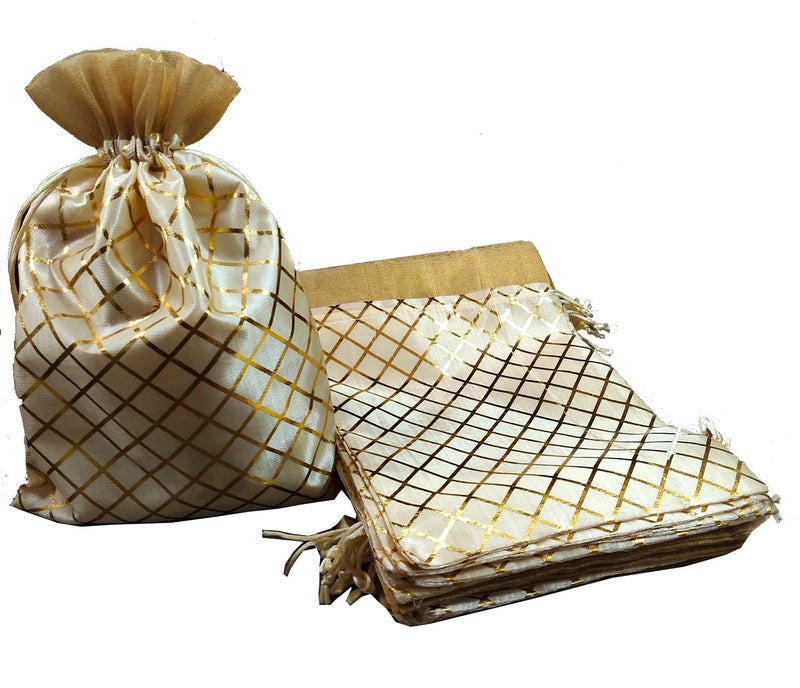 Just Flowers 12Inch X 8Inch Satin Potli Bags Large Size, Drawstring Pouches for Shagun Gifts, Return Gifts, Dry Fruits, Wedding Women Gift Packing (10Pc Golden Barfi Print Pouches, Cream) - Image 4