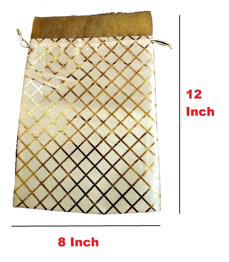 Just Flowers 12Inch X 8Inch Satin Potli Bags Large Size, Drawstring Pouches for Shagun Gifts, Return Gifts, Dry Fruits, Wedding Women Gift Packing (10Pc Golden Barfi Print Pouches, Cream) - Image 2