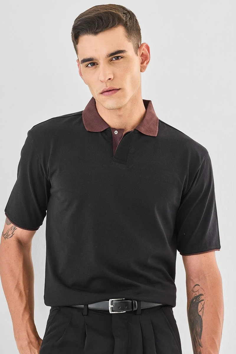 SNITCH Black Solid Half Sleeve Regular Fit T-Shirt