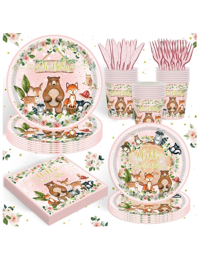 Woodland Themed Baby Shower Supplies for Girls - 120PCS Pink Wild Animal Disposable Tableware Set with Plates, Napkins, Cups, Forks, and Knives for 20 Guests. - Image 1