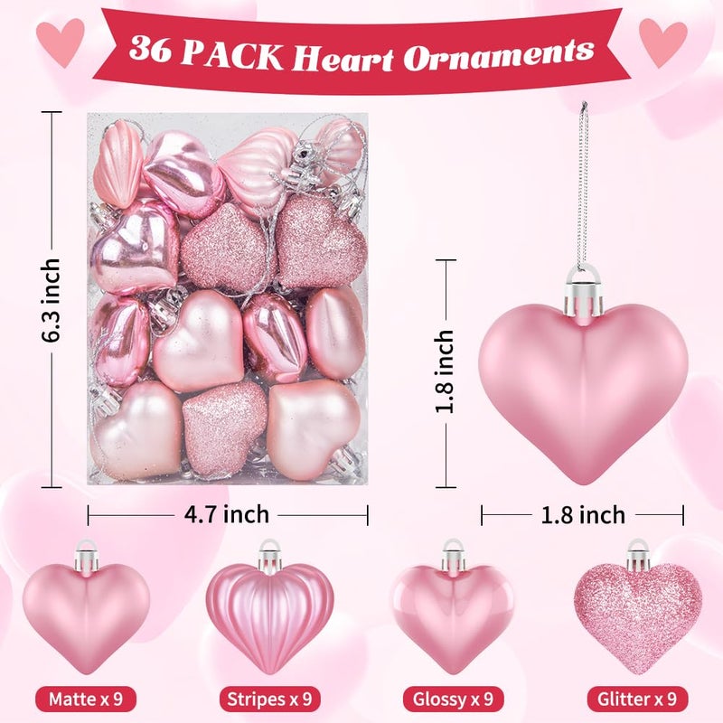 Labeol 36Pcs Valentines Day Decor Heart Ornaments Pink Heart Shaped Baubles Ornaments for Valentine's Day Hanging Decorations or Wedding Anniversary Party Supplies Home Tree Decorations (4 Styles) - Image 2