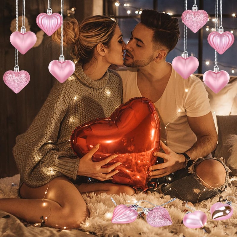 Labeol 36Pcs Valentines Day Decor Heart Ornaments Pink Heart Shaped Baubles Ornaments for Valentine's Day Hanging Decorations or Wedding Anniversary Party Supplies Home Tree Decorations (4 Styles) - Image 5
