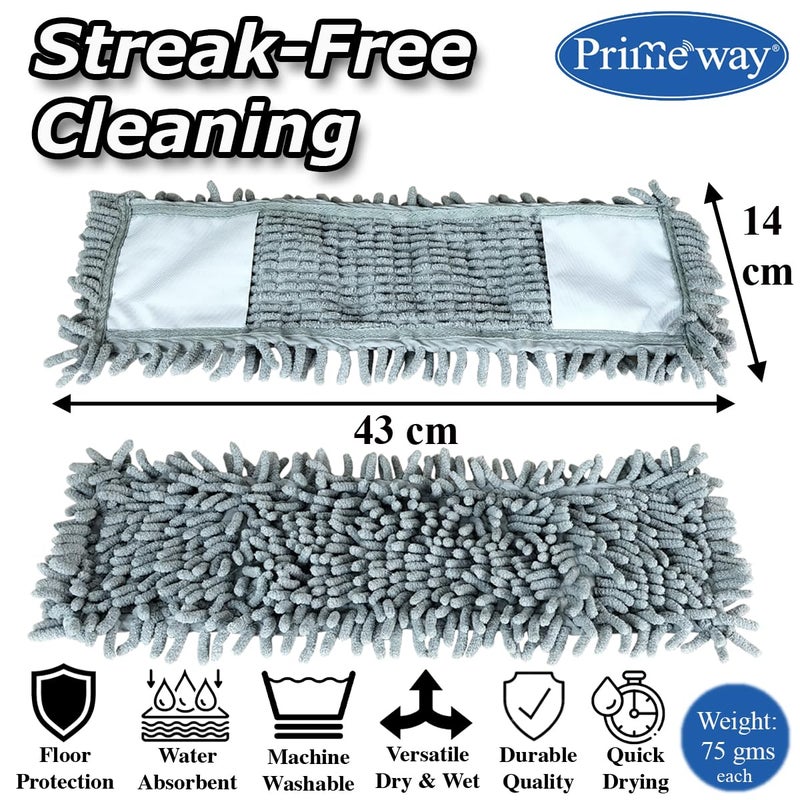 Primeway ® Microfibre Chenille Flat Mop High Density Pads | Length 43 cm | Width 14cm | Wet & Dry | Water Absorbent | Floor Cleaning Replacement Refill | 75 grams each | Pack of 2 | Grey - Image 2
