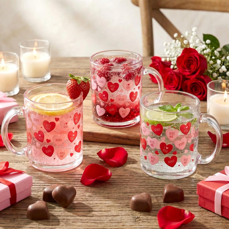 Willinglong 2 Pack Valentine Glass Cups Heart Coffee Mugs Valentines Gifts 12 oz Pink Red Heart Coffee Cup with Handle Bulk Sweet Drinking Mugs for Valentines Wedding Party Drinkware Love Gifts - Image 4