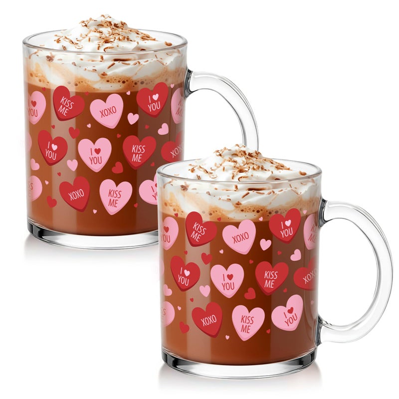 Willinglong 2 Pack Valentine Glass Cups Heart Coffee Mugs Valentines Gifts 12 oz Pink Red Heart Coffee Cup with Handle Bulk Sweet Drinking Mugs for Valentines Wedding Party Drinkware Love Gifts - Image 1
