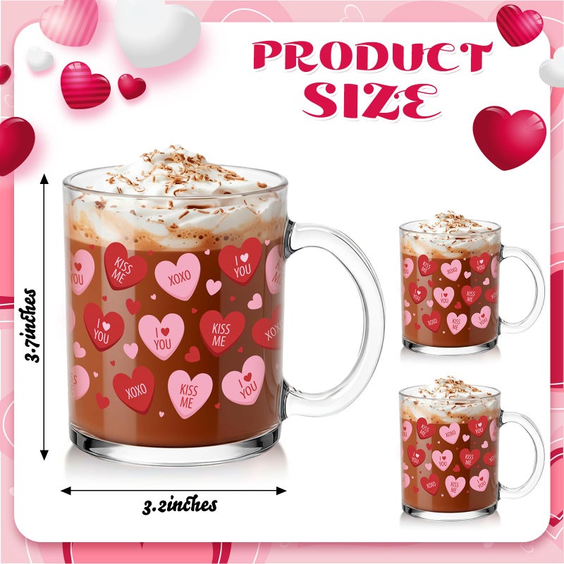 Willinglong 2 Pack Valentine Glass Cups Heart Coffee Mugs Valentines Gifts 12 oz Pink Red Heart Coffee Cup with Handle Bulk Sweet Drinking Mugs for Valentines Wedding Party Drinkware Love Gifts - Image 2