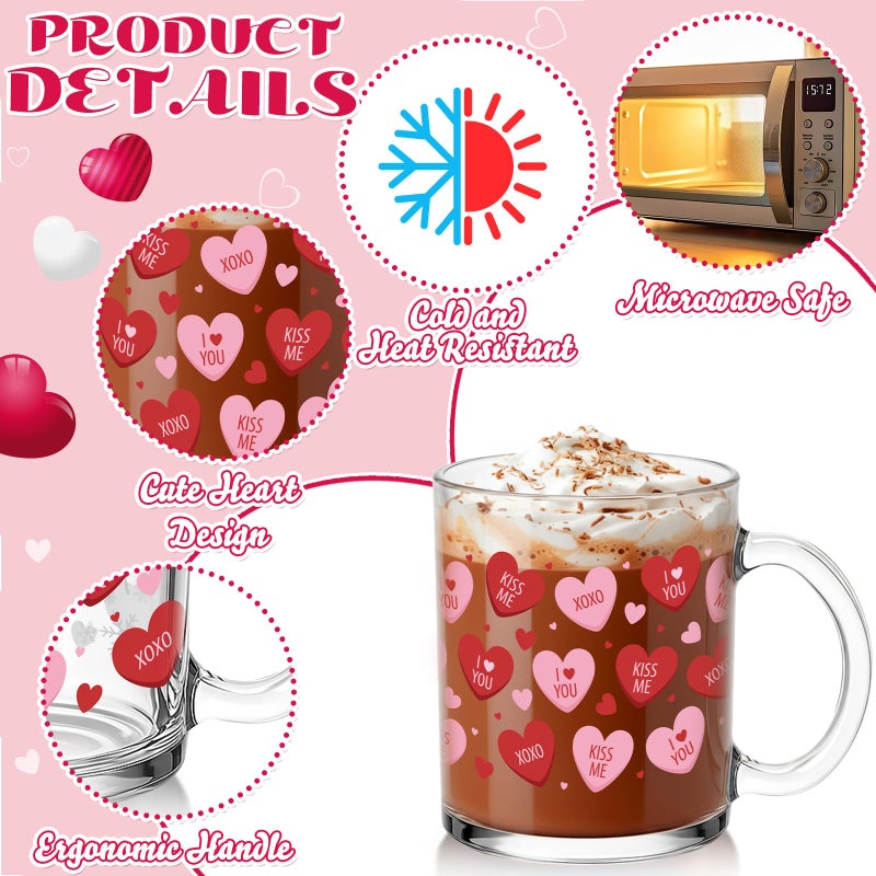 Willinglong 2 Pack Valentine Glass Cups Heart Coffee Mugs Valentines Gifts 12 oz Pink Red Heart Coffee Cup with Handle Bulk Sweet Drinking Mugs for Valentines Wedding Party Drinkware Love Gifts - Image 3