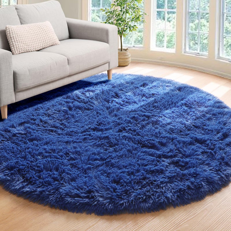 ONASAR Navy Blue Round Area Rug 4ft Soft Bedroom Circle Rugs Floor Mat for Kids Girls Boys Teen Room Fluffy Plush Shaggy Carpet for Baby Nursery Living Room Playroom Dorm Home Decor