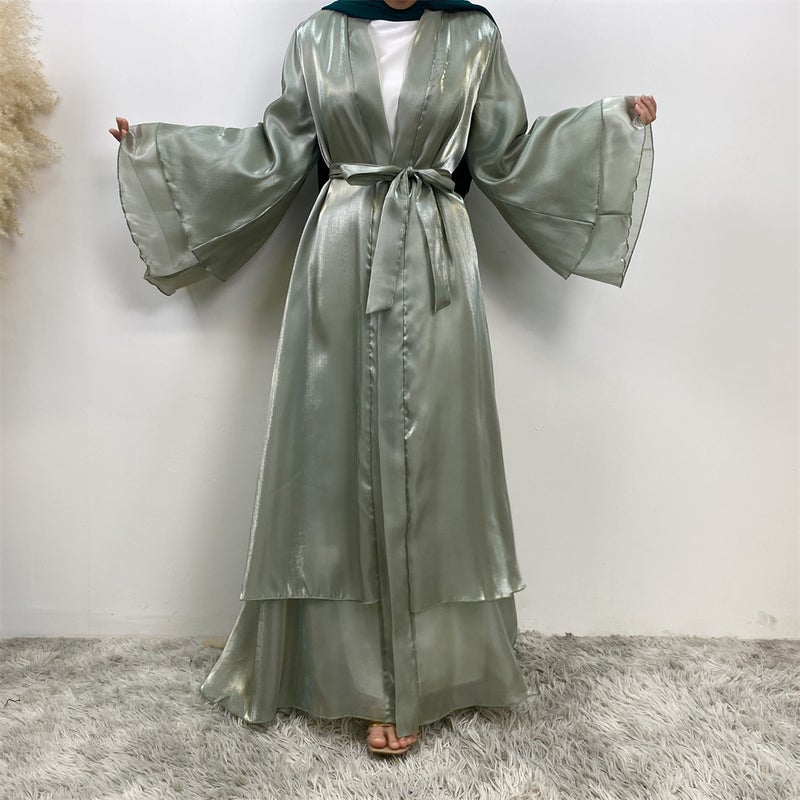 monica fashion Fashion Abaya Shiny Satin 2-Layer Cardigan Kaftan - Image 1