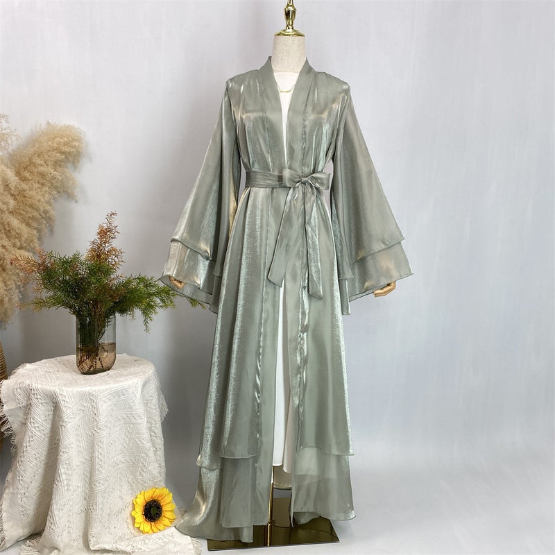 monica fashion Fashion Abaya Shiny Satin 2-Layer Cardigan Kaftan - Image 4