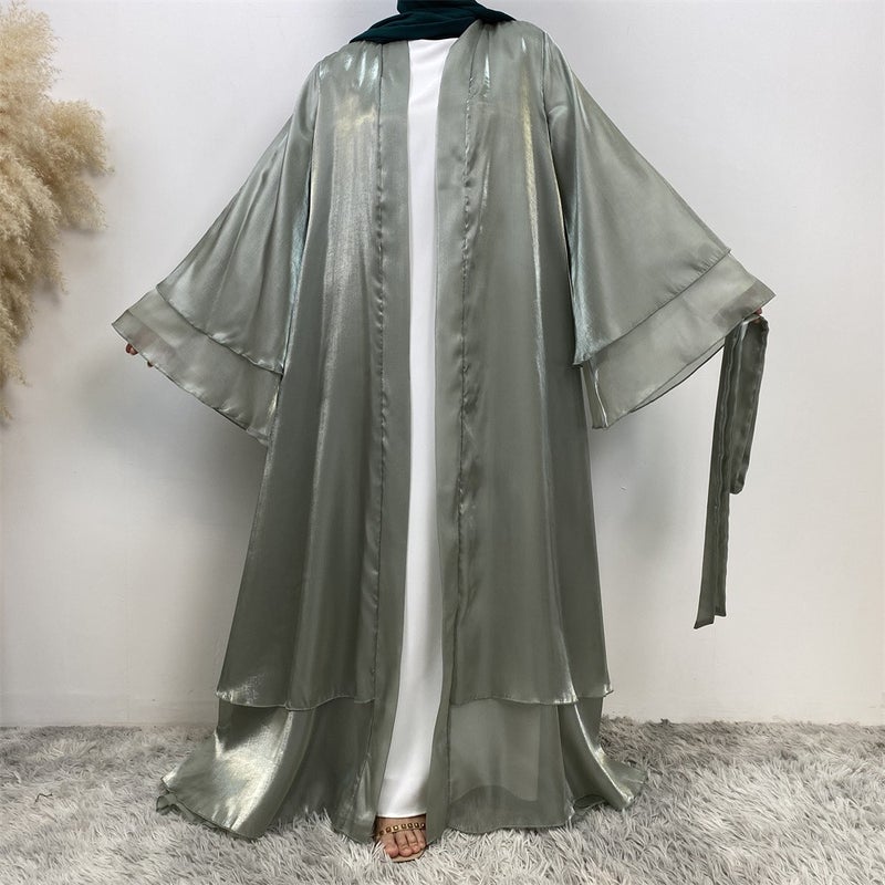 monica fashion Fashion Abaya Shiny Satin 2-Layer Cardigan Kaftan - Image 2