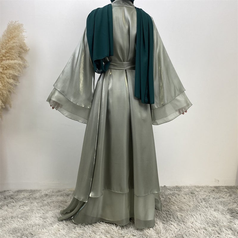 monica fashion Fashion Abaya Shiny Satin 2-Layer Cardigan Kaftan - Image 3