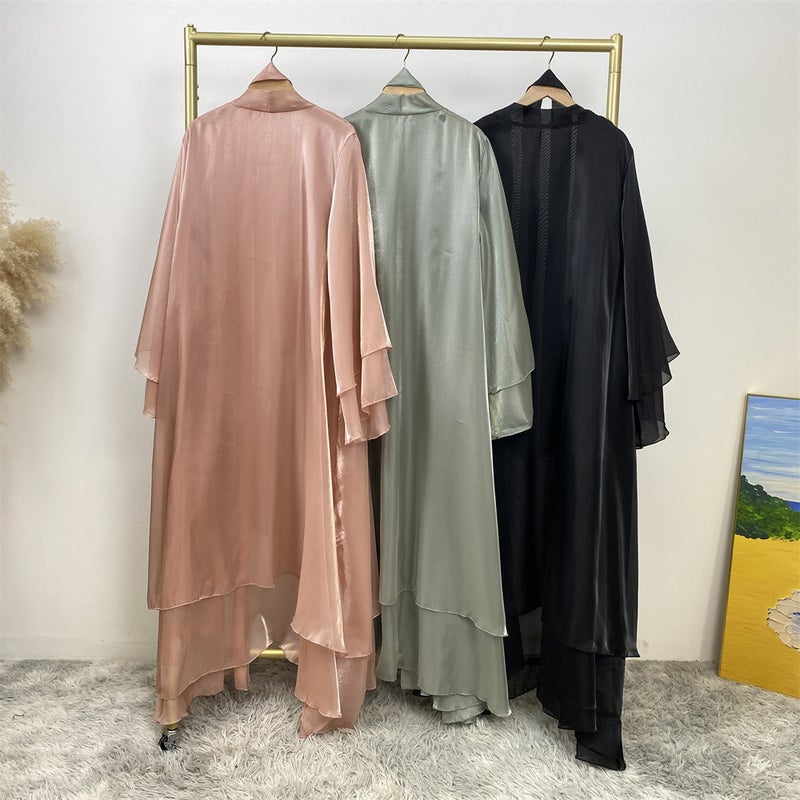 monica fashion Fashion Abaya Shiny Satin 2-Layer Cardigan Kaftan - Image 5