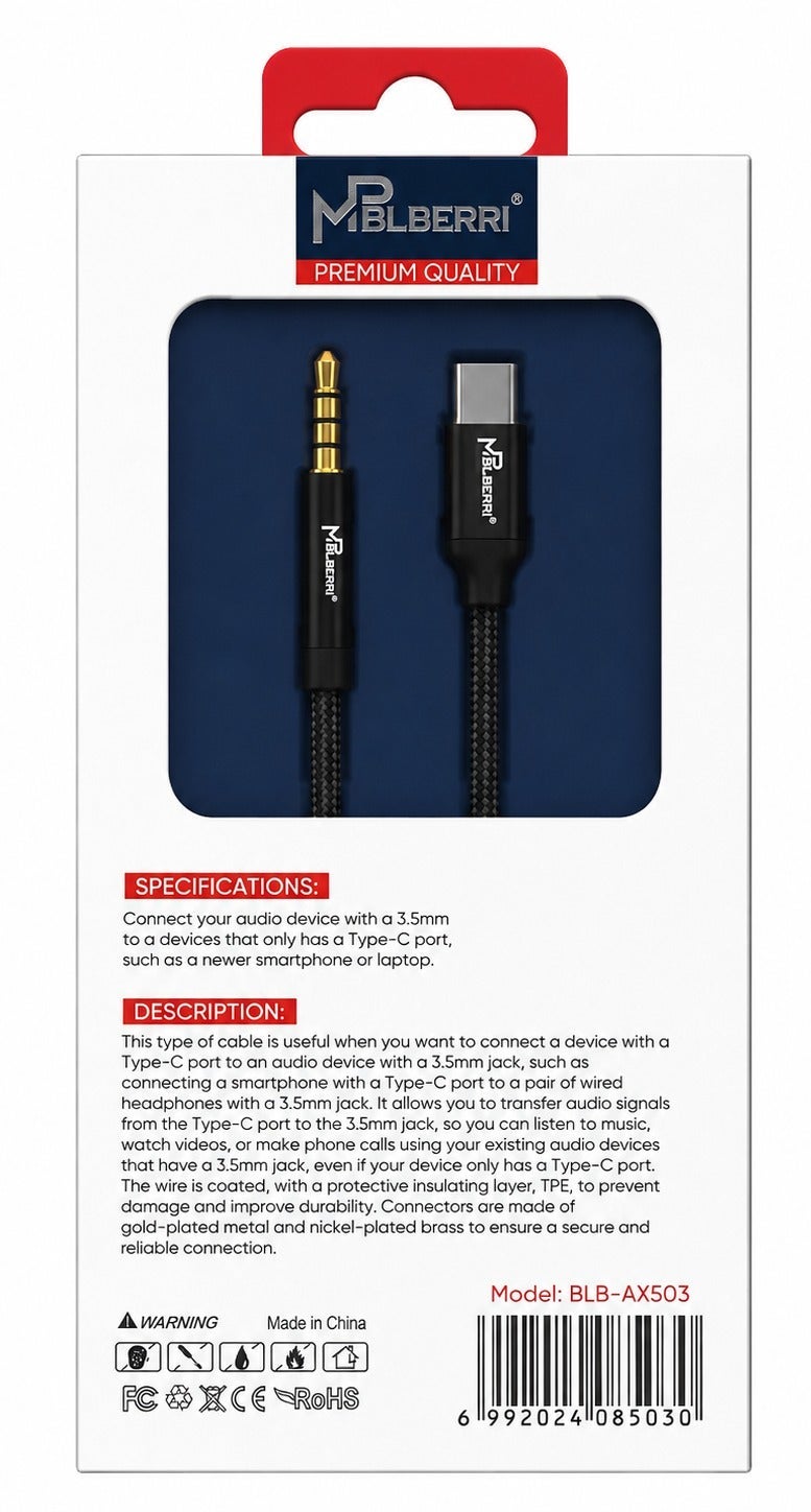 MPBLBERRI USB-C to 3.5mm AUX Stereo Audio Cable 1M, Type-C to AUX Jack Cable for Car, Speaker & Headphones Compatible with Android Phones & Tablets - Image 3