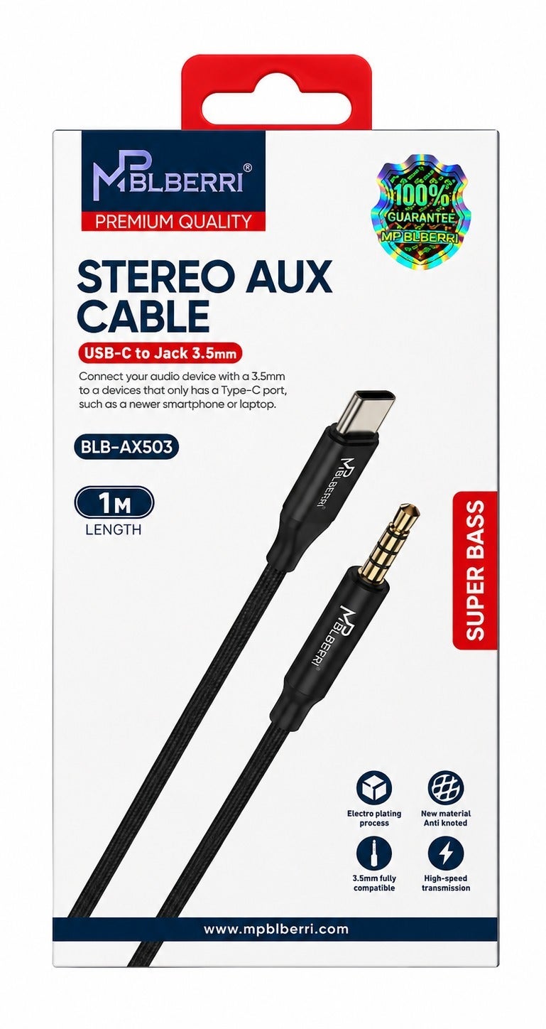 MPBLBERRI USB-C to 3.5mm AUX Stereo Audio Cable 1M, Type-C to AUX Jack Cable for Car, Speaker & Headphones Compatible with Android Phones & Tablets - Image 2