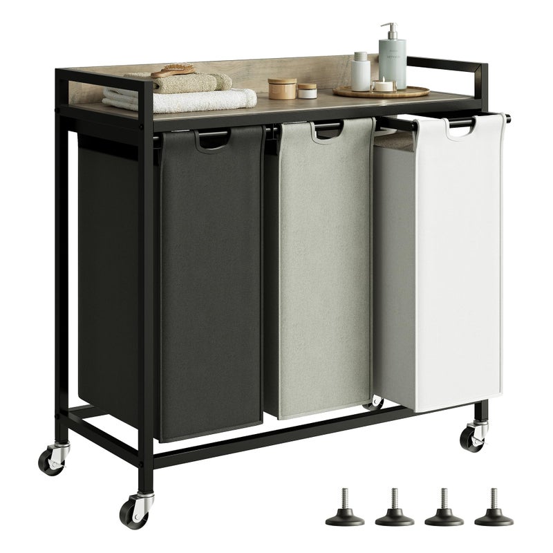 Herture Laundry Hampers with Shelf, Laundry Basket 3 Section, Laundry Sorter with Pull-Out Removable Large 3 Color Bags and Movable Wheels, Metal Frame, 3 x 15.87 Gallons (60L), Greige PF04XLZ - Image 1