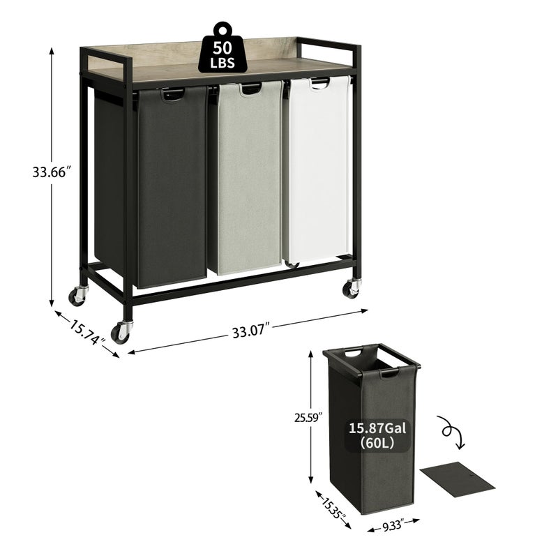 Herture Laundry Hampers with Shelf, Laundry Basket 3 Section, Laundry Sorter with Pull-Out Removable Large 3 Color Bags and Movable Wheels, Metal Frame, 3 x 15.87 Gallons (60L), Greige PF04XLZ - Image 4