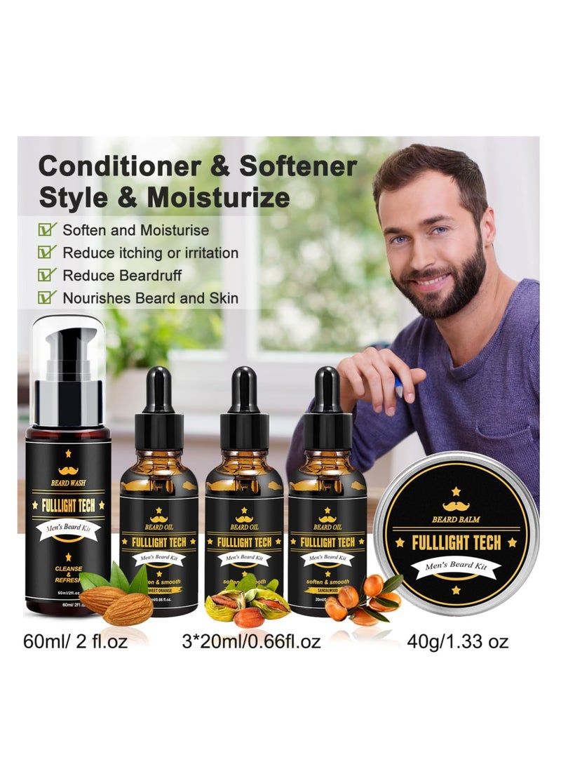 FULLLIGHT TECH - FULLLIGHT TECH Men's Beard Grooming & Care Kit - Wash, 3 Beard Oils, Balm, Comb, Brush, Scissors - Premium Gift Set - Image 1