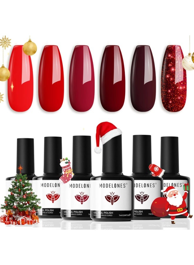 modelones Gel Nail Polish Kit -6 Colors Red Christmas Gel Polish Set Burgundy Glitter Sparkle Bloody Soak Off Gel Nail Kit Manicure DIY Nail Art Salon Home New Year Gift - Image 1