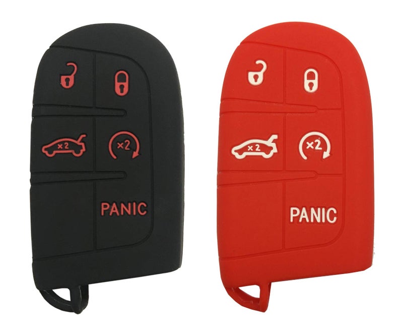 Silicone Smart Key Fob Skin Cover Case Protector 5 Buttons Keyless Jacket Remote Bag Fit for Jeep Grand Cherokee Dodge Challenger Charger Dart Durango Journey Chrysler 300 Black with Red Red