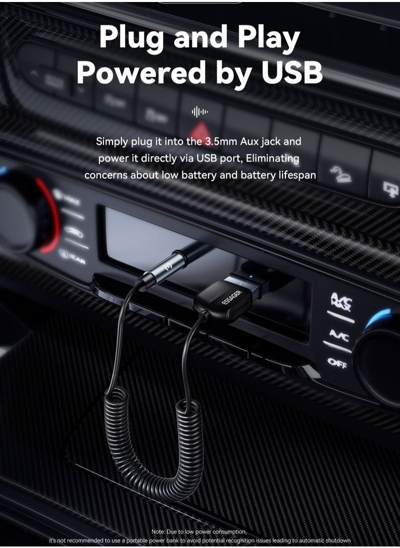 ESSAGER Aux Bluetooth Adapter for Car,Essager Noise Cancelling Bluetooth 5.0 Receiver,Lossless Music USB to 3.5mm Jack Audio Adapter with Built-in Microphone for Car Kits/Home Stereo/Handsfree Call Speaker - Image 4