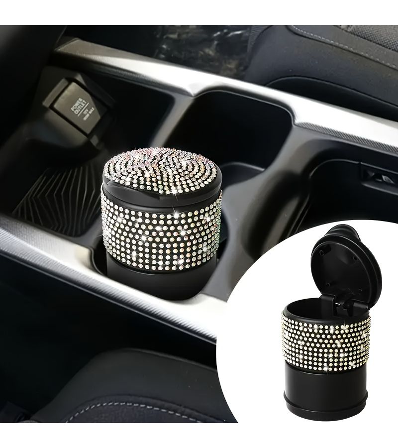 1pc Black Round Crystal Lid Trash Can Coin Organizer Portable Anti Odor Durable Plastic For Car Truck Office Home - Image 3