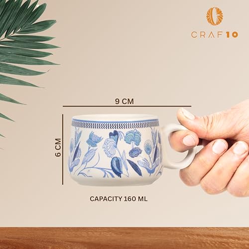 CRAF10 Handcrafted Ceramic Botanic Blue Teapot Cup Set - 1 Kettle (1 Litre) & 6 Cups (160 ML), Microwave & Dishwasher Safe | Morning Set Tea Sets with Kettle for Gifting - Image 4