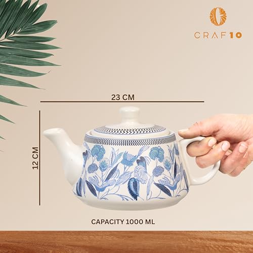 CRAF10 Handcrafted Ceramic Botanic Blue Teapot Cup Set - 1 Kettle (1 Litre) & 6 Cups (160 ML), Microwave & Dishwasher Safe | Morning Set Tea Sets with Kettle for Gifting - Image 5
