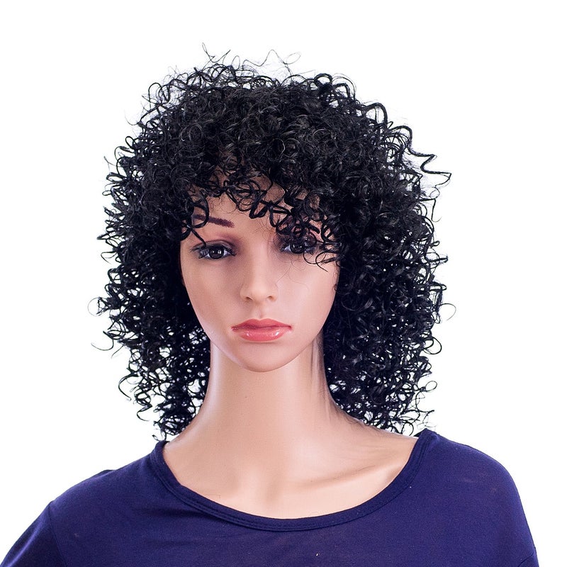 SWACC 12Inch Short Big Bouffant Curly Wigs for Women Synthetic Heat Resistant Fiber Hair Pieces with Wig Cap 1BOff Black
