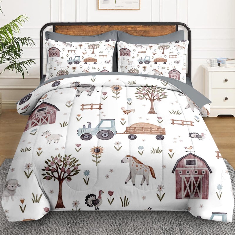 WeCozy 5 Pcs Twin Size Comforter Set with Pillowcase & Sham, Farm House Tractor Bedding for Kids and Adults, Village Tree Horse Bed in a Bag with Flat Fitted Sheet - Image 2
