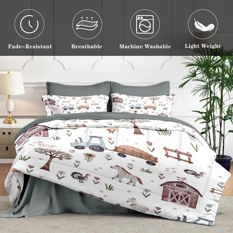 WeCozy 5 Pcs Twin Size Comforter Set with Pillowcase & Sham, Farm House Tractor Bedding for Kids and Adults, Village Tree Horse Bed in a Bag with Flat Fitted Sheet - Image 4