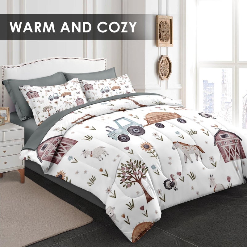 WeCozy 5 Pcs Twin Size Comforter Set with Pillowcase & Sham, Farm House Tractor Bedding for Kids and Adults, Village Tree Horse Bed in a Bag with Flat Fitted Sheet - Image 3