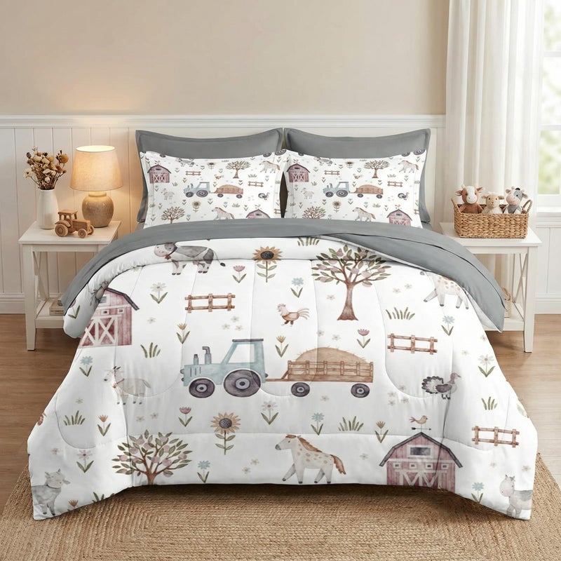 WeCozy 5 Pcs Twin Size Comforter Set with Pillowcase & Sham, Farm House Tractor Bedding for Kids and Adults, Village Tree Horse Bed in a Bag with Flat Fitted Sheet - Image 1