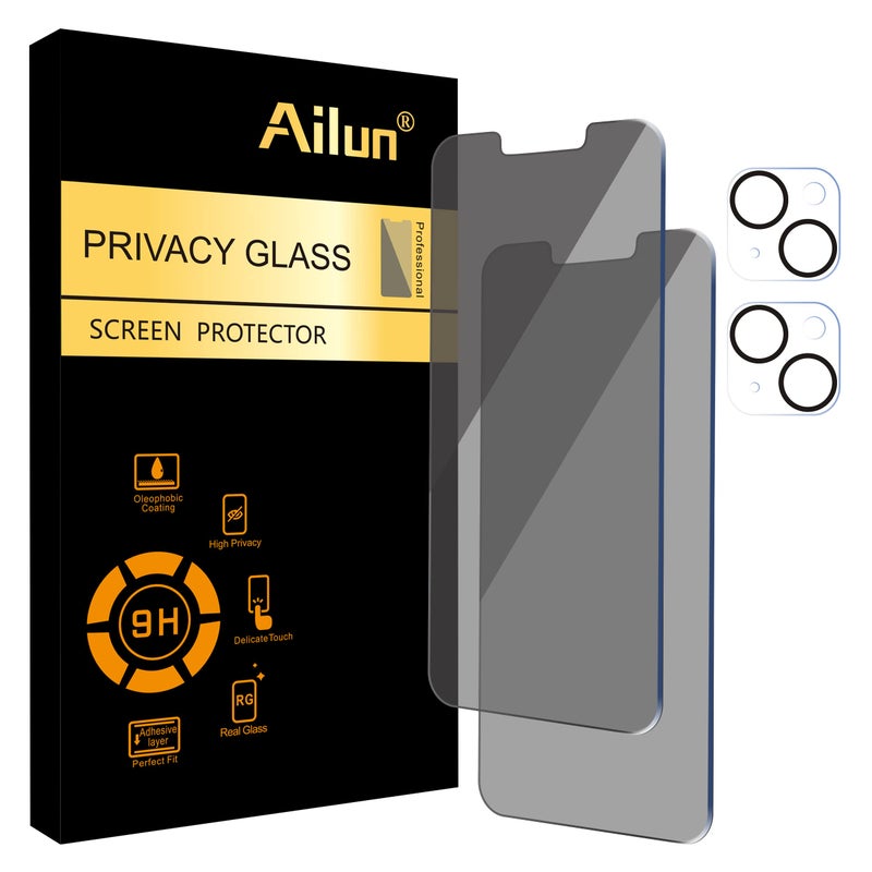 Ailun 2 Pack Privacy Screen Protector for iPhone 14[6.1 inch] + 2 Pack Camera Lens Protector, Anti Spy Private Tempered Glass Film, Case Friendly, [9H Hardness] - HD [Black] - Image 1