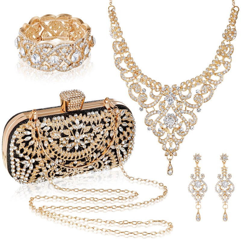 Quelay 4 Pcs Purse Rhinestone Jewelry Set Evening Clutch Bag Bling Crystal Necklace Dangle Earrings Bracelets Accessories(Gold, Black,Vintage Style) - Image 1