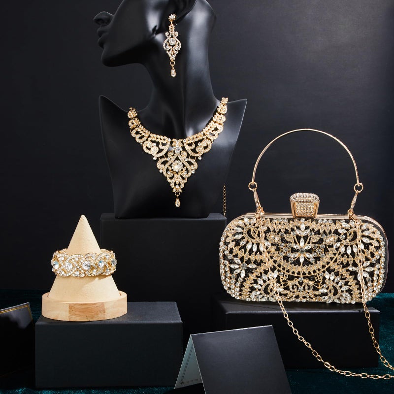 Quelay 4 Pcs Purse Rhinestone Jewelry Set Evening Clutch Bag Bling Crystal Necklace Dangle Earrings Bracelets Accessories(Gold, Black,Vintage Style) - Image 2