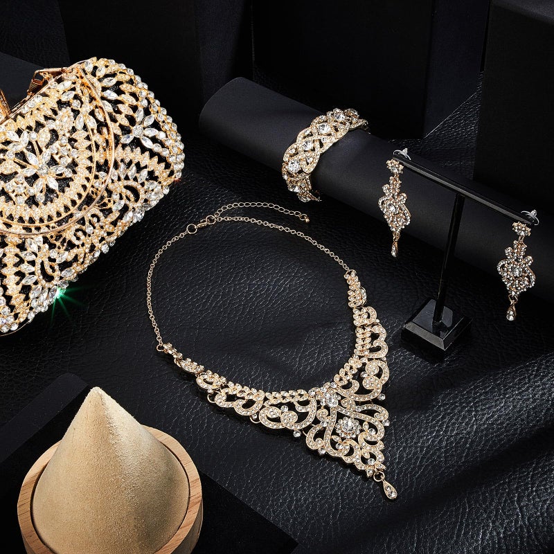 Quelay 4 Pcs Purse Rhinestone Jewelry Set Evening Clutch Bag Bling Crystal Necklace Dangle Earrings Bracelets Accessories(Gold, Black,Vintage Style) - Image 5