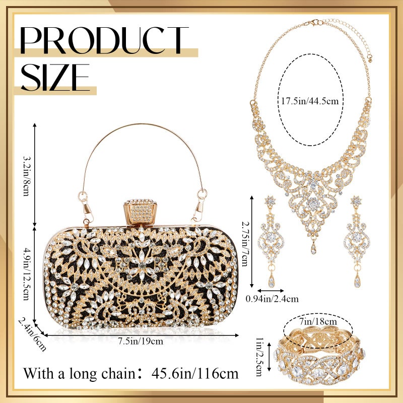 Quelay 4 Pcs Purse Rhinestone Jewelry Set Evening Clutch Bag Bling Crystal Necklace Dangle Earrings Bracelets Accessories(Gold, Black,Vintage Style) - Image 3