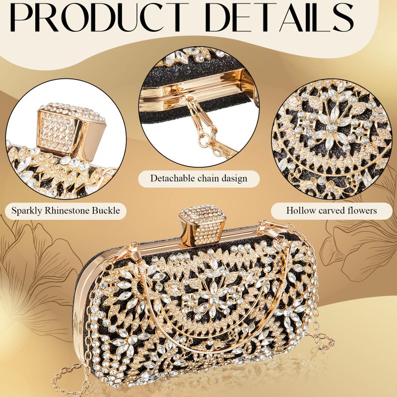 Quelay 4 Pcs Purse Rhinestone Jewelry Set Evening Clutch Bag Bling Crystal Necklace Dangle Earrings Bracelets Accessories(Gold, Black,Vintage Style) - Image 4